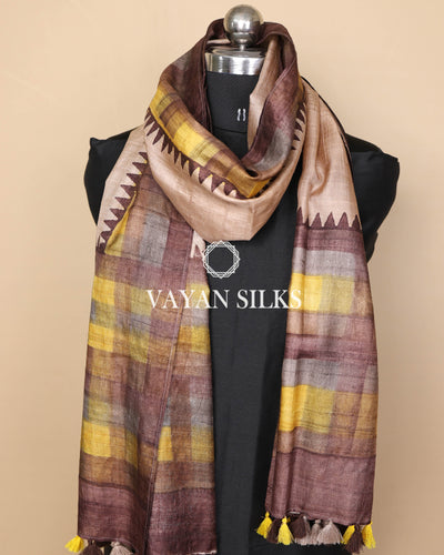 Brown Multicolor Tussar Silk Printed Stole