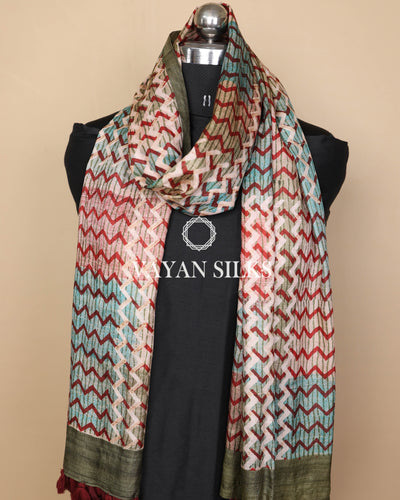 Red Multicolor Tussar Silk Printed Stole