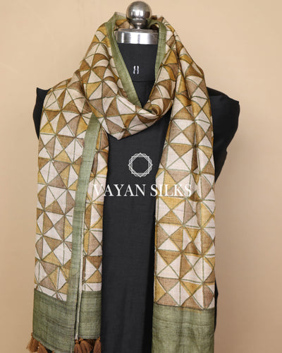 Green Multicolor Tussar Silk Printed Stole