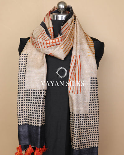 Beige Multicolor Tussar Silk Printed Stole