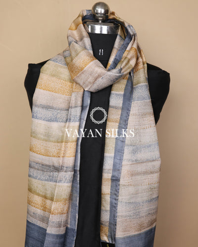 Grey Mustard Multicolor Tussar Silk Printed Stole