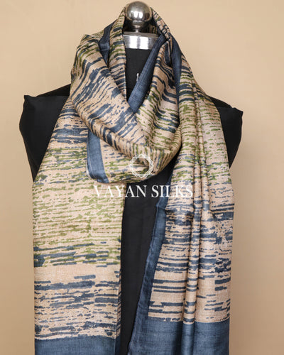 Blue Multicolor Tussar Silk Printed Stole