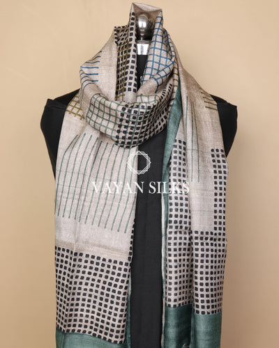 Beige Multicolor Tussar Silk Printed Stole