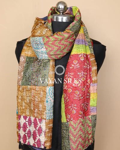 Handcrafted Multicolor Kantha Patchwork Tussar Silk  Stole