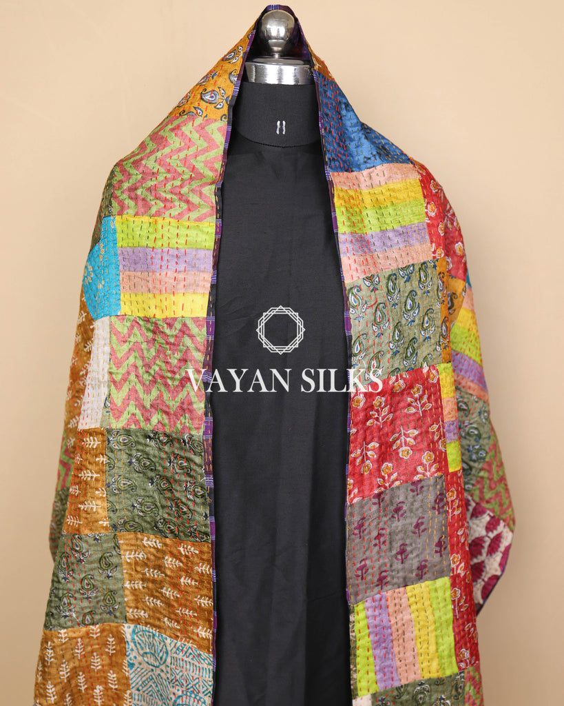 Handcrafted Multicolor Kantha Patchwork Tussar Silk  Stole