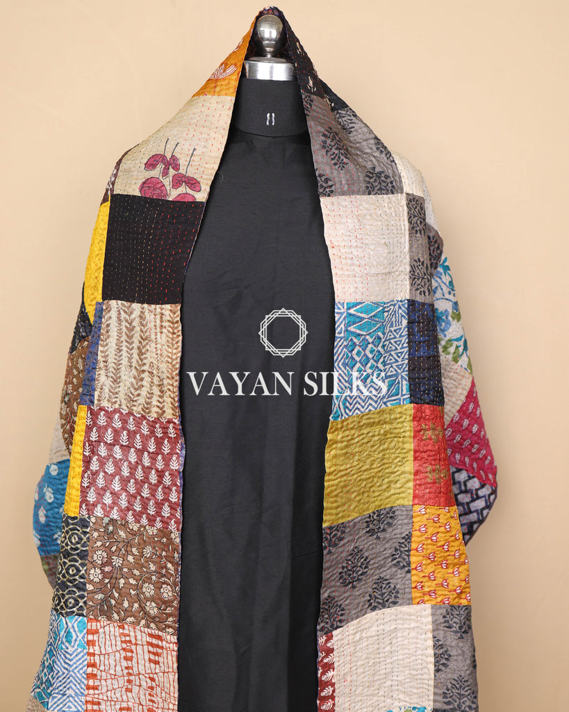 Handcrafted Multicolor Kantha Patchwork Tussar Silk  Stole