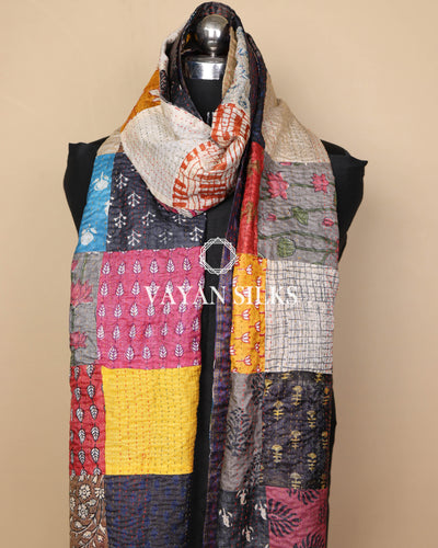 Handcrafted Multicolor Kantha Patchwork Tussar Silk  Stole
