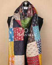 Load image into Gallery viewer, Handcrafted Multicolor Kantha Patchwork Tussar Silk  Stole