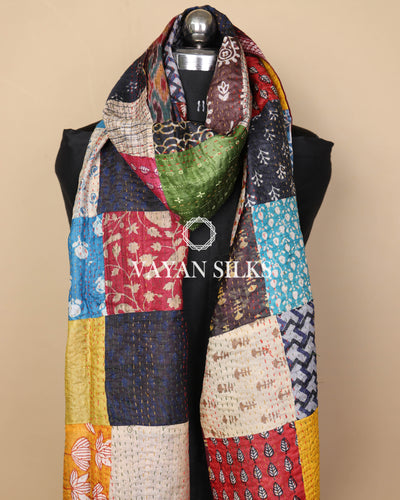Handcrafted Multicolor Kantha Patchwork Tussar Silk  Stole