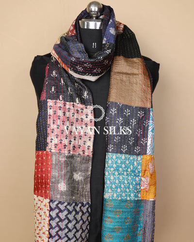 Handcrafted Multicolor Kantha Patchwork Tussar Silk  Stole