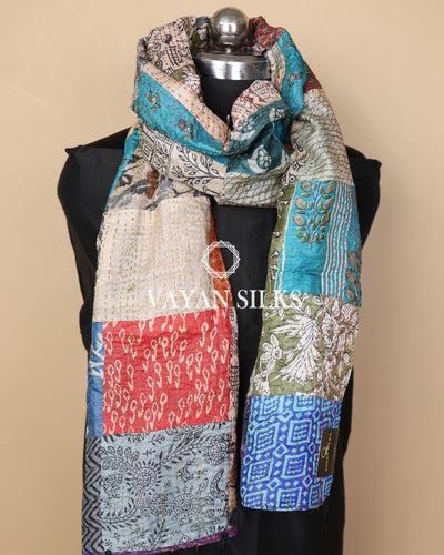 Handcrafted Multicolor Kantha Patchwork Tussar Silk  Stole