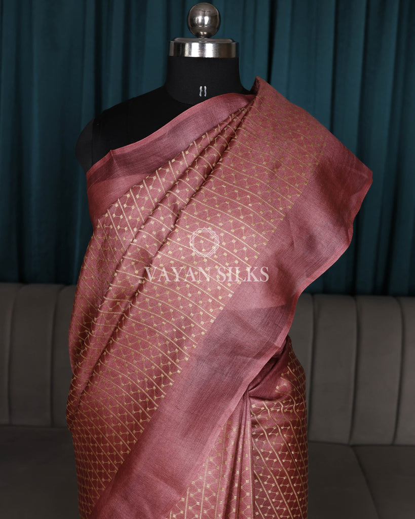 Dark Pink Color Woven Pure Tussar Silk Saree