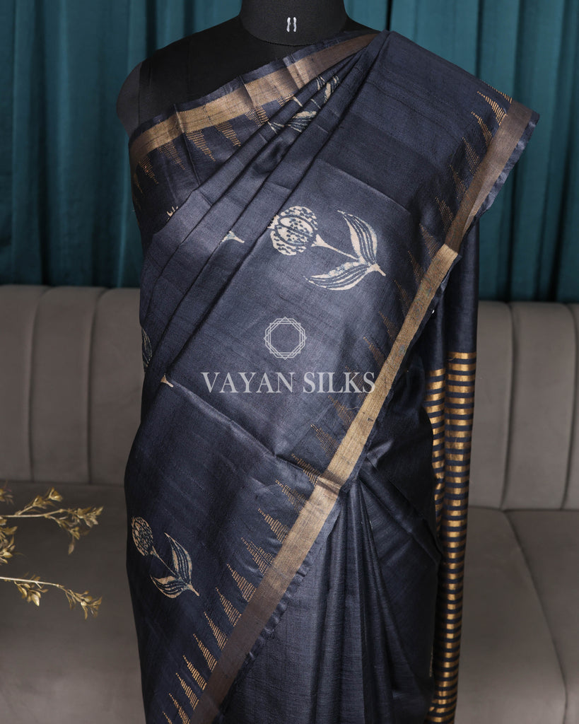 Charcoal Printed Pure Tussar Silk Saree