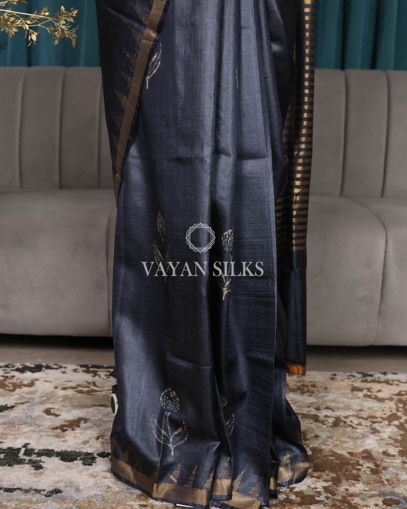 Charcoal Printed Pure Tussar Silk Saree