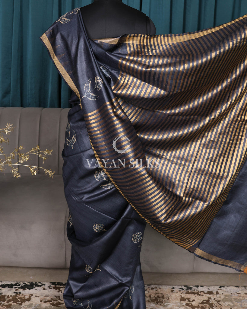 Charcoal Printed Pure Tussar Silk Saree