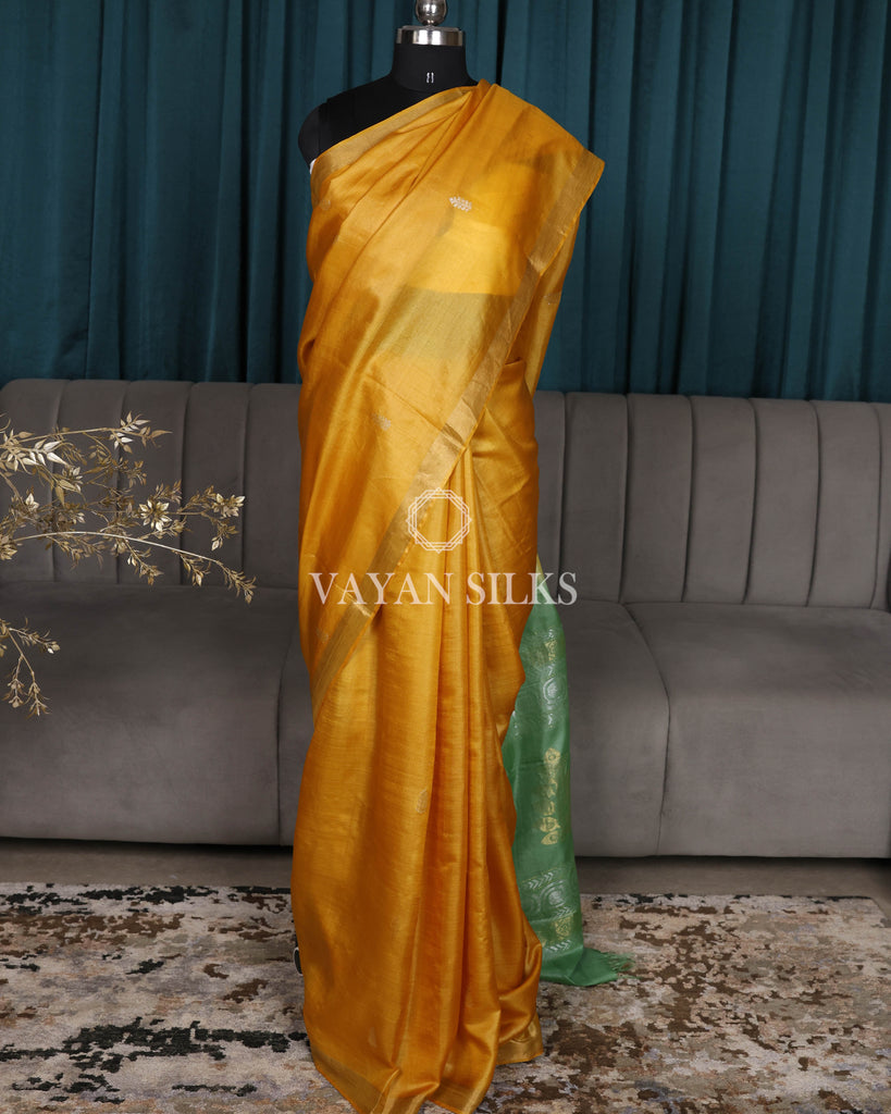 Mustard Light Green Pure Tussar Silk Saree