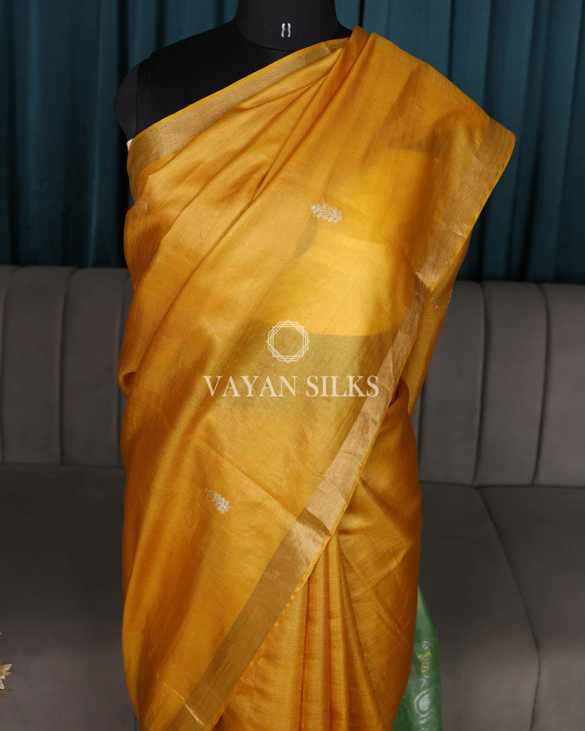 Mustard Light Green Pure Tussar Silk Saree