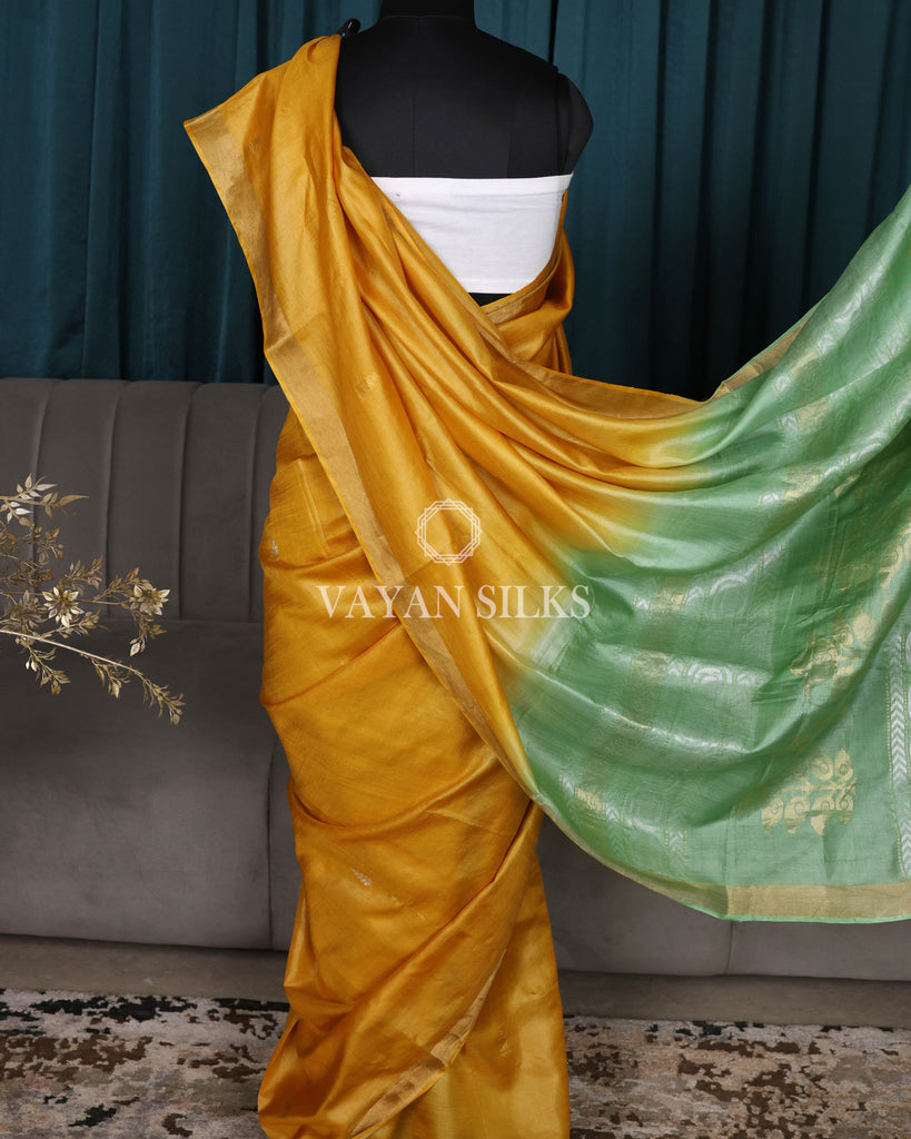 Mustard Light Green Pure Tussar Silk Saree