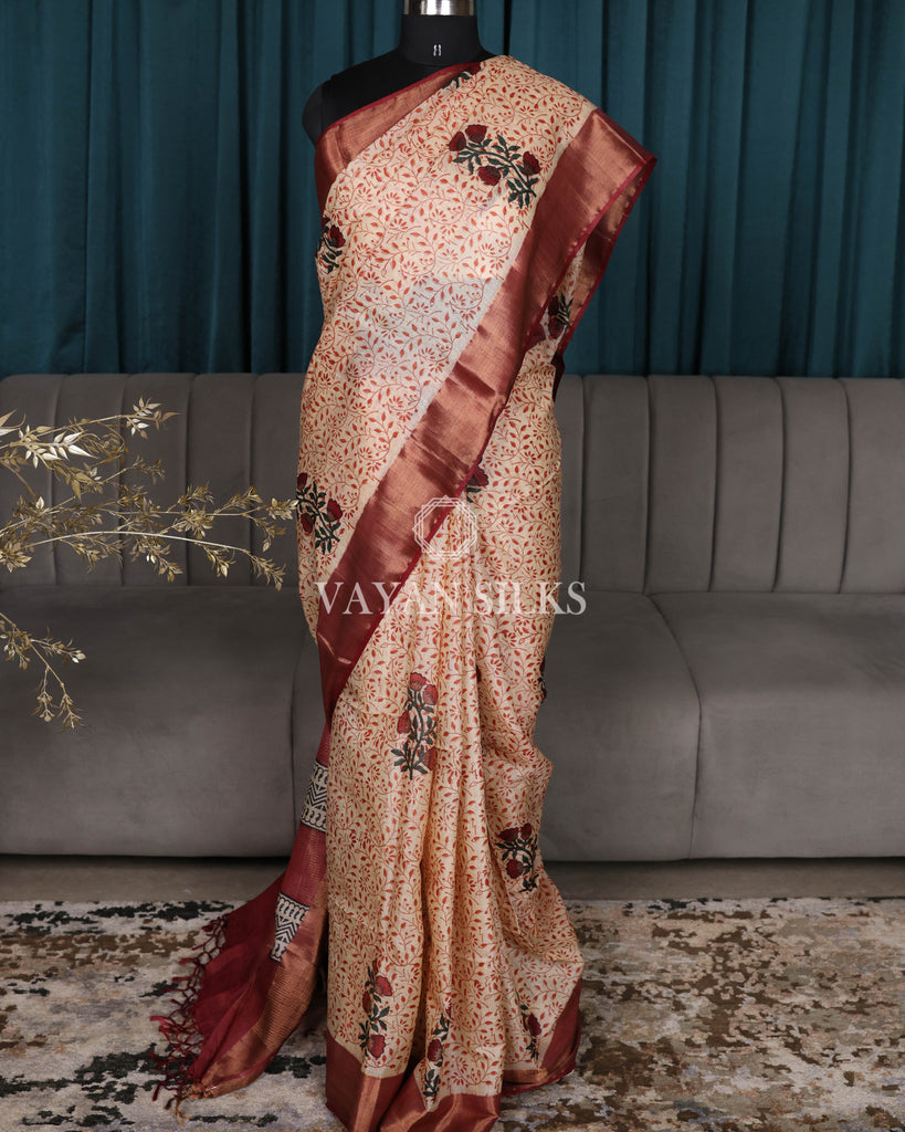 Peach Maroon Printed Pure Tussar Silk Saree