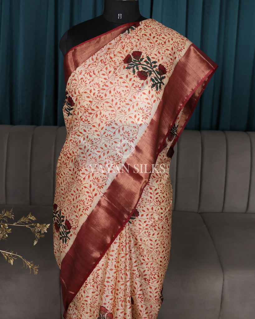 Peach Maroon Printed Pure Tussar Silk Saree