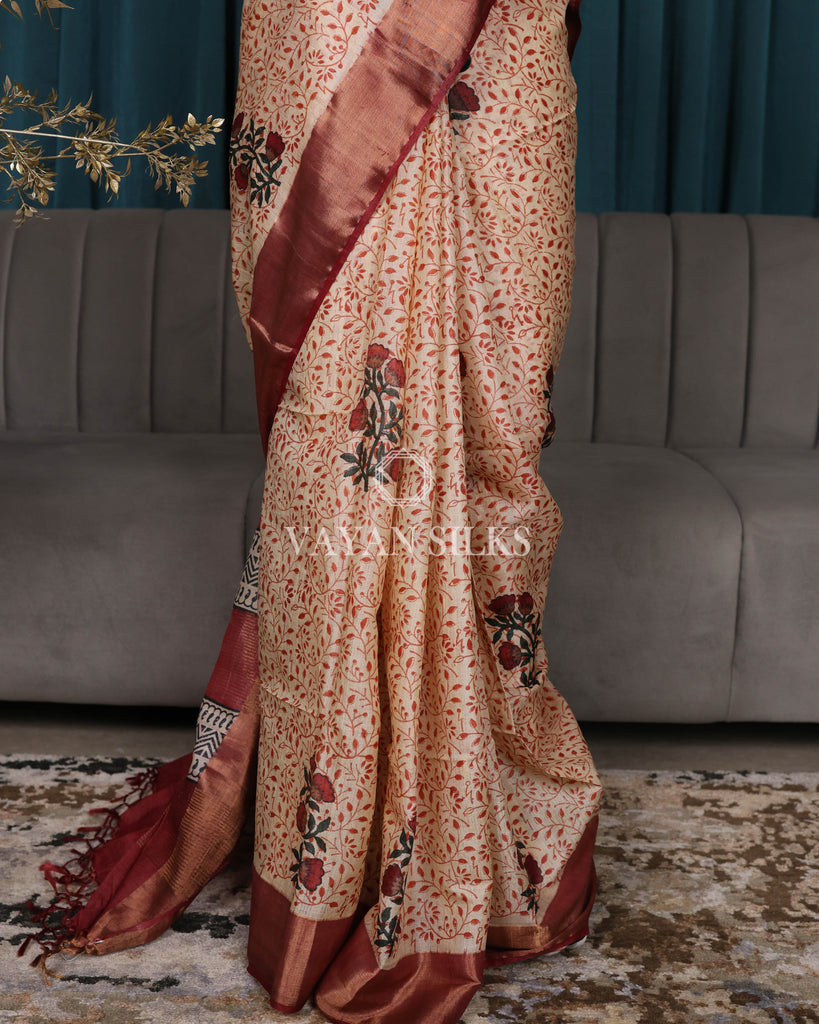 Peach Maroon Printed Pure Tussar Silk Saree