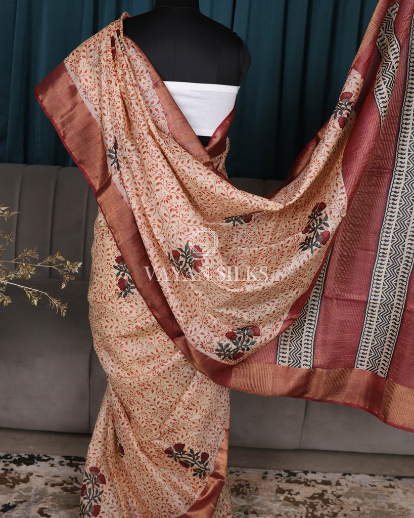 Peach Maroon Printed Pure Tussar Silk Saree