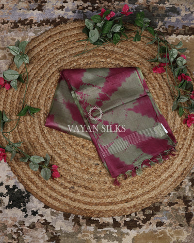 Magenta Olive Shibori Print Pure Tussar Silk Saree