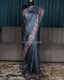 Dark Grey Embroidered Pure Tussar Silk Saree