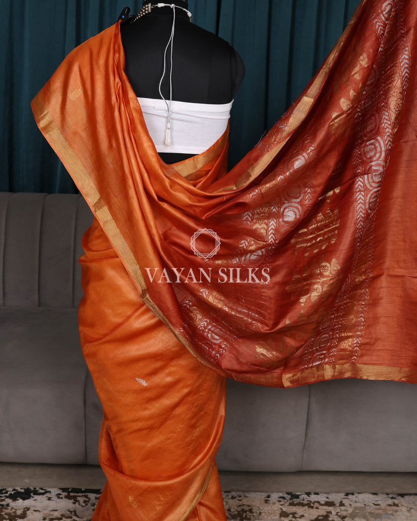 Orange Terracota Woven Pure Tussar Silk Saree