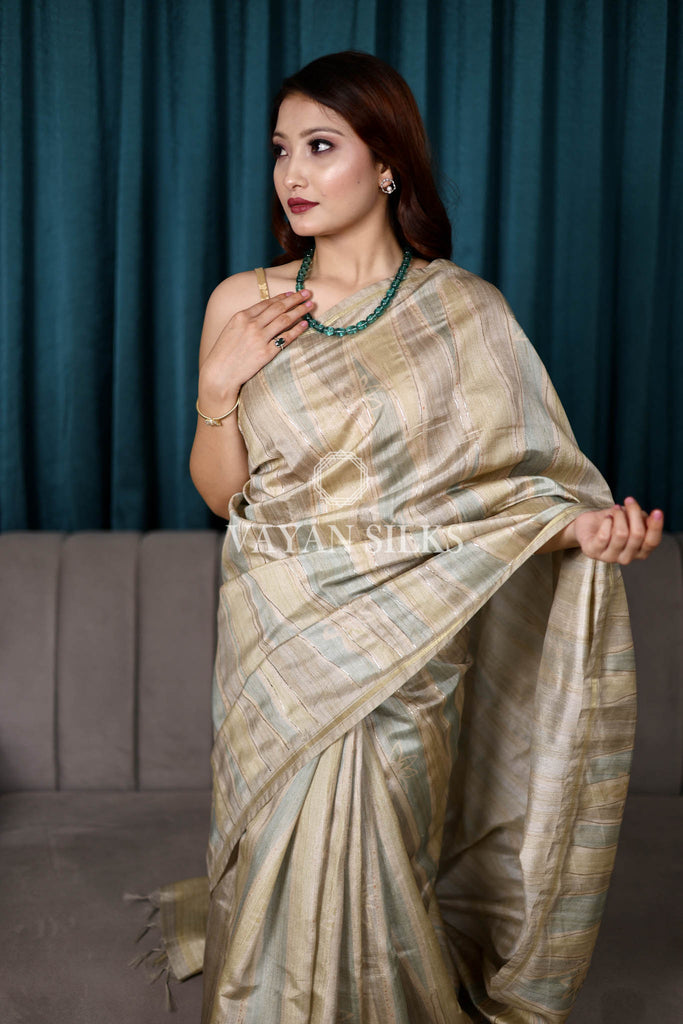 Beige Multi Color Printed Semi Tussar Saree