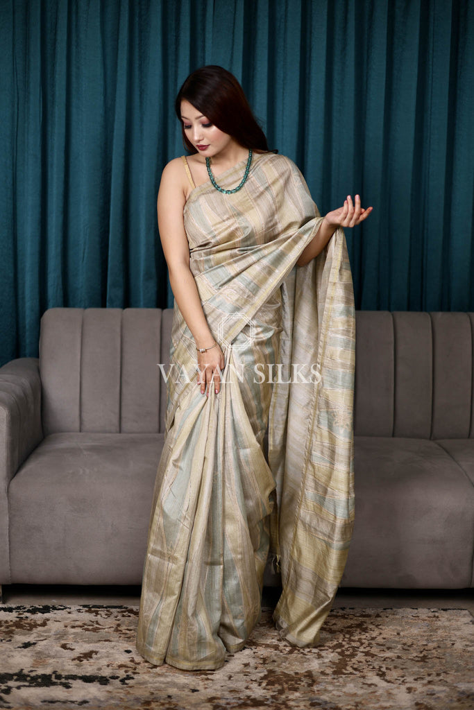 Beige Multi Color Printed Semi Tussar Saree