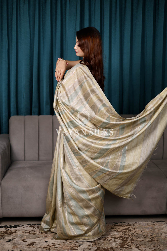 Beige Multi Color Printed Semi Tussar Saree