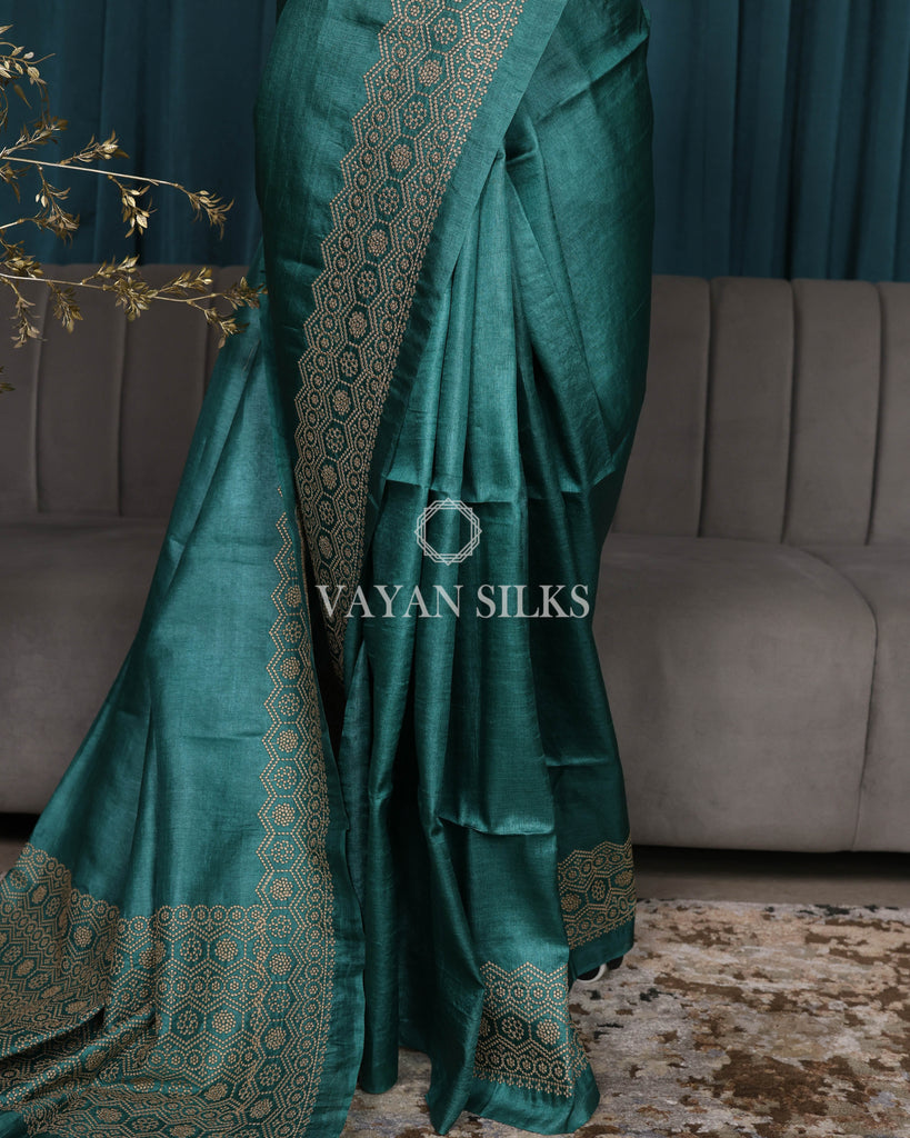 Teal Green Embroidered Pure Tussar Silk Saree