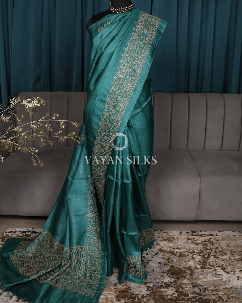 Teal Green Embroidered Pure Tussar Silk Saree