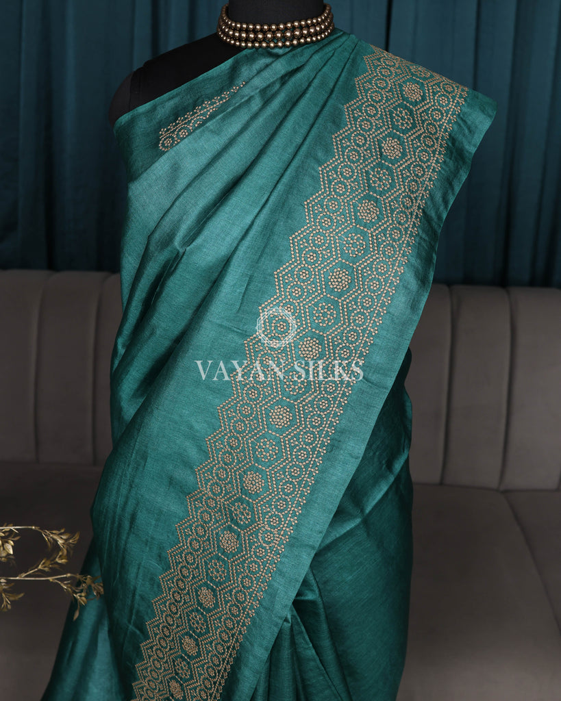 Teal Green Embroidered Pure Tussar Silk Saree