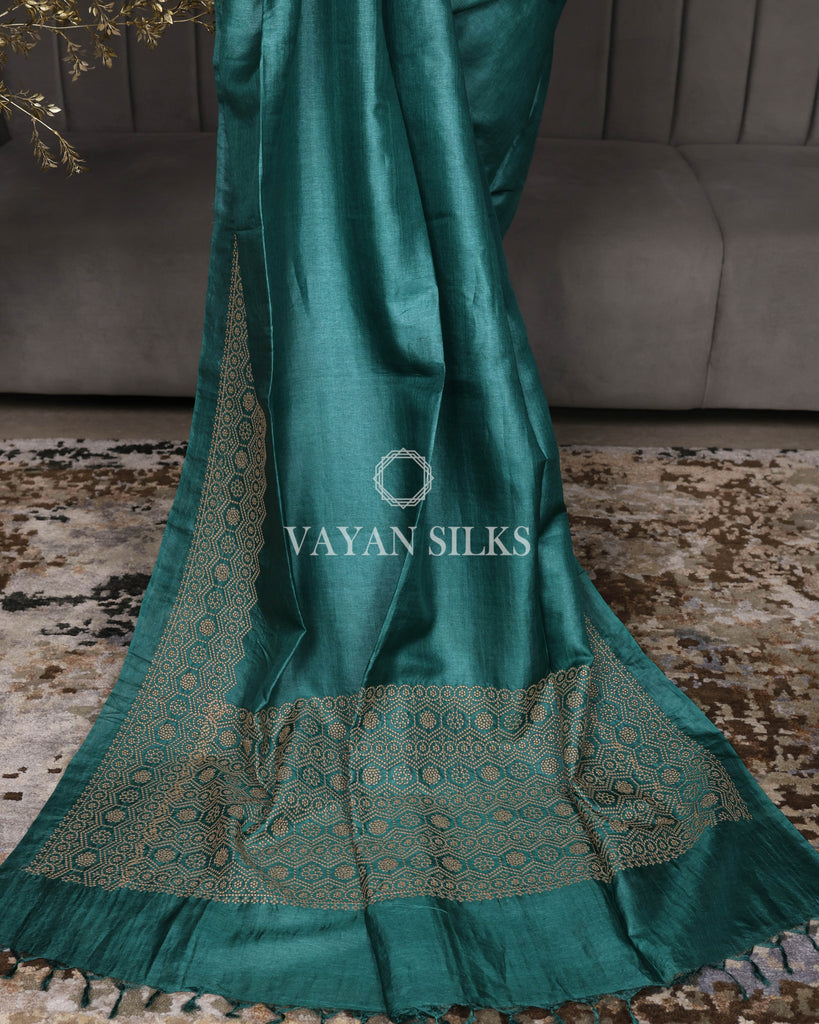 Teal Green Embroidered Pure Tussar Silk Saree