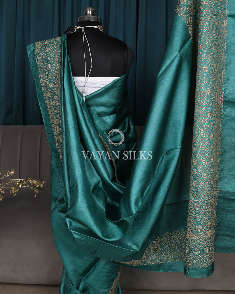 Teal Green Embroidered Pure Tussar Silk Saree