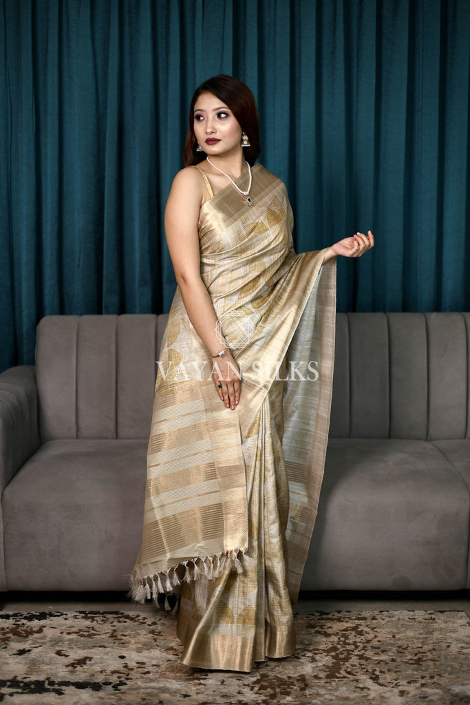 Beige Mustard Printed Semi Tussar Saree