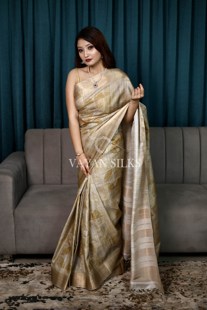 Beige Mustard Printed Semi Tussar Saree