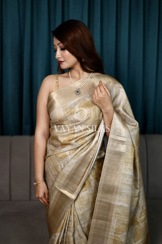 Beige Mustard Printed Semi Tussar Saree