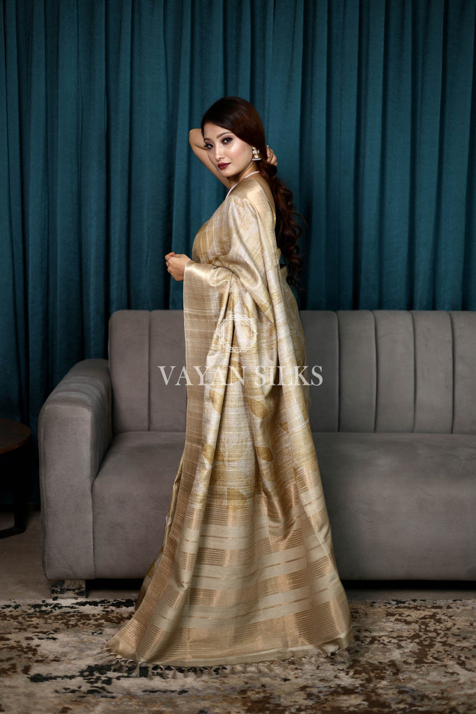 Beige Mustard Printed Semi Tussar Saree