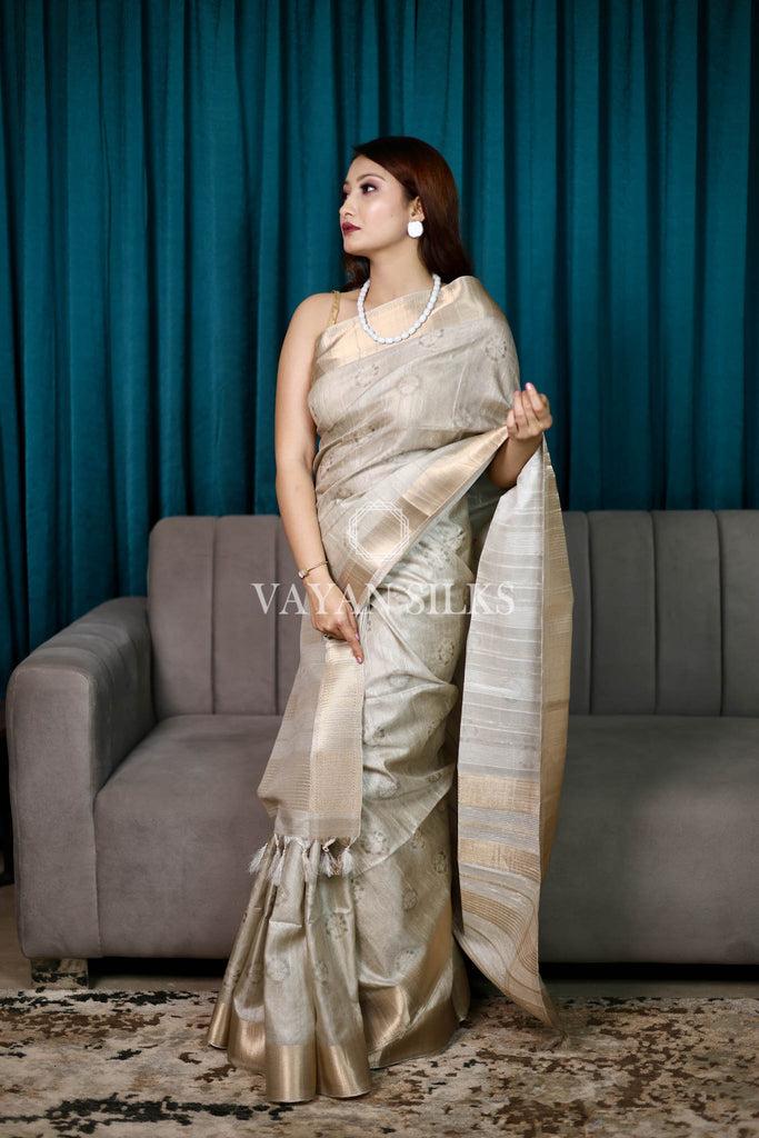 Grey Beige Printed Semi Tussar Saree