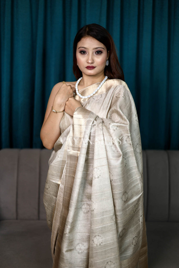 Grey Beige Printed Semi Tussar Saree