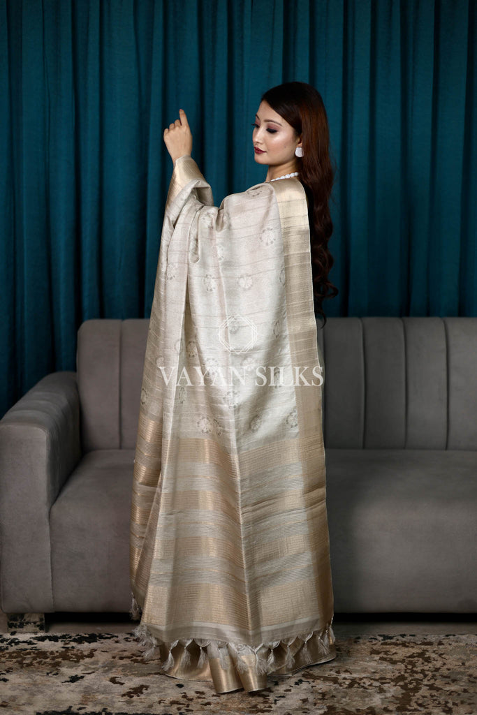 Grey Beige Printed Semi Tussar Saree