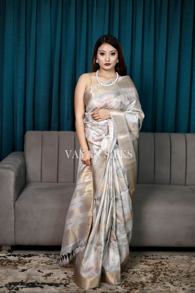 Grey-Multi Color Printed Semi Tussar Saree