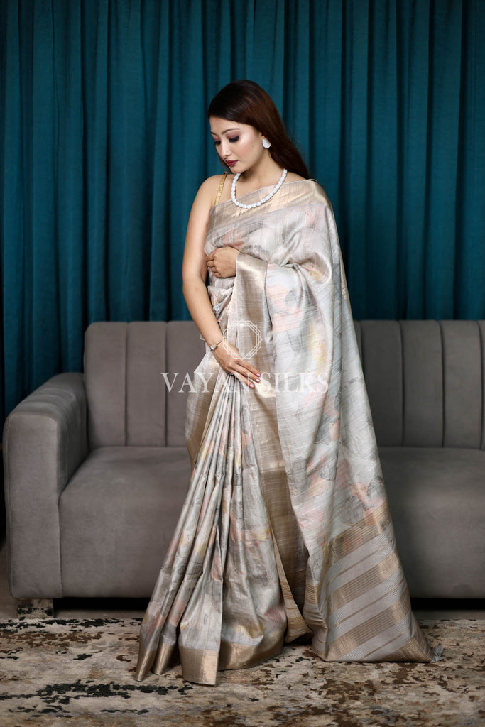 Grey-Multi Color Printed Semi Tussar Saree