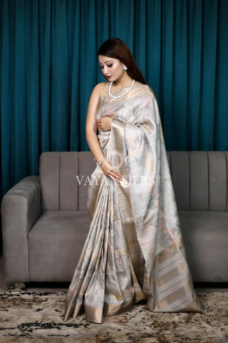 Grey-Multi Color Printed Semi Tussar Saree
