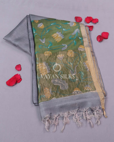 Grey Green Printed - Pure Tussar Silk Saree