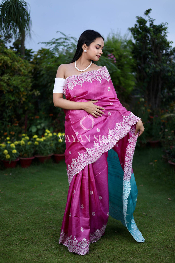Pink Blue Embroidered Pure Tussar Silk Saree