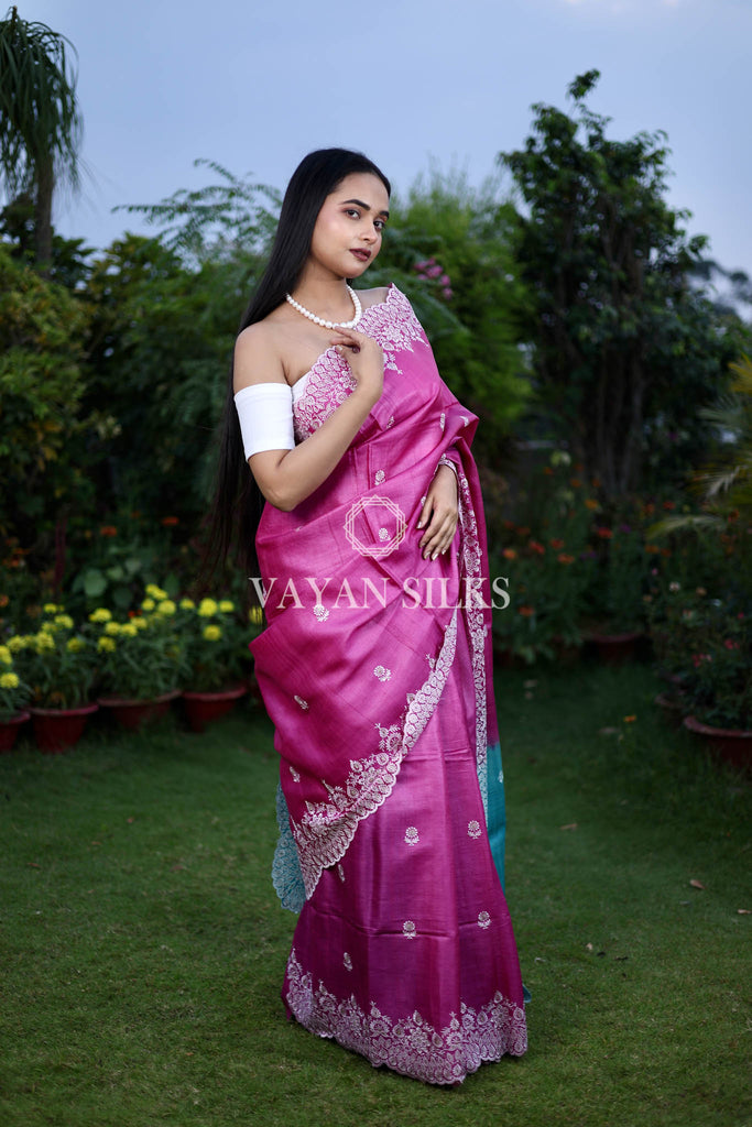 Pink Blue Embroidered Pure Tussar Silk Saree